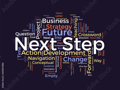 Word cloud background concept for Next Step. Future vision strategy for change progress. vector illustration.