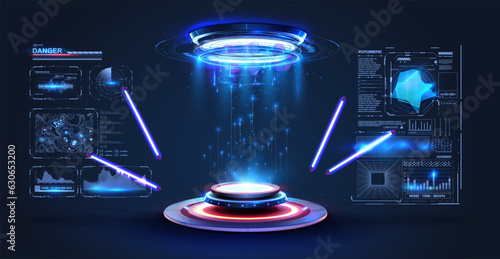 Futuristic pedestal for product presentation. Fantastic circle fui interface screen design. Blank display, stage or podium for show product in futuristic cyberpunk style. Pedestal in 3d cyberspace