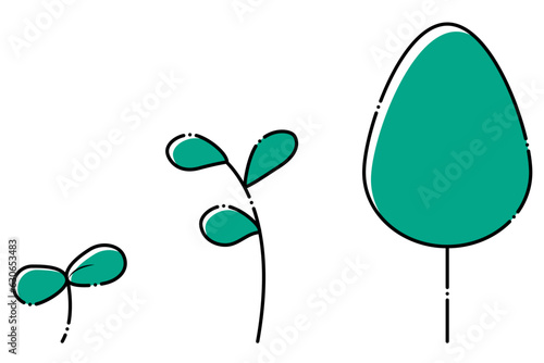 植物の成長過程のイラスト。途切れ線のかわいい素材。
