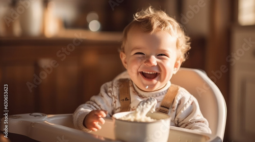 funny baby eating healthy food in kitchen