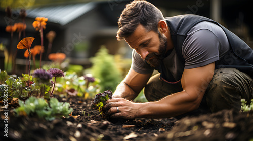 Lifestyle concept. handsome muscular man tending to DIY home garden plants. Eco, gardening, magazine, editorial