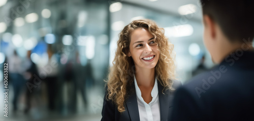 Young businesswoman talking to colleagues or supervisor in modern company hallway - work climate, colleagues, compliance - Generative AI