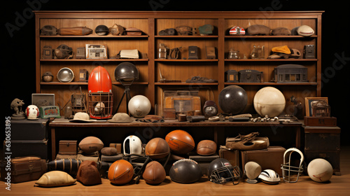 A large group of assorted vintage antique sports equipment's  photo