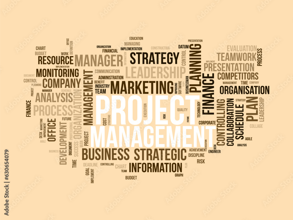 Word cloud background concept for Project management. Professional business resource plan for business graph management. vector illustration.