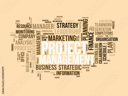 Word cloud background concept for Project management. Professional business resource plan for business graph management. vector illustration.