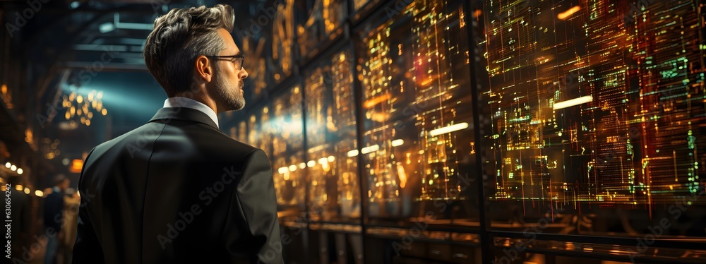 Businessman standing in a vast industrial hall amidst servers, conversing with an artificial intelligence, looking at a chart that's ascending upwards Businessman standing in a vast industrial hall amidst servers, conversing with an artificial intelligence, looking at a chart that's ascending upwards