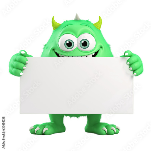 Cute green monster holding a white blank sign isolated on transparent background
