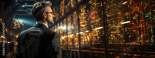 Businessman standing in a vast industrial hall amidst servers, conversing with an artificial intelligence, looking at a chart that's ascending upwards