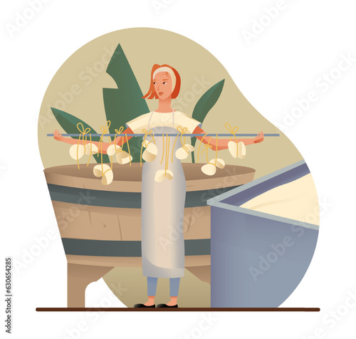 Female in apron holding metal stick with hanging cheese. Cheese making process in factory concept. Production of dairy products in factory. Flat vector illustration in cartoon style