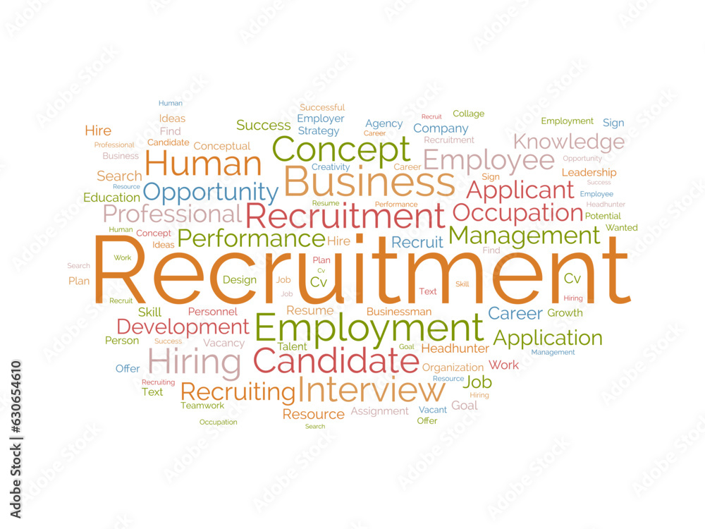 Word cloud background concept for Recruitment. Business employment resource search for hiring human job concept. vector illustration.
