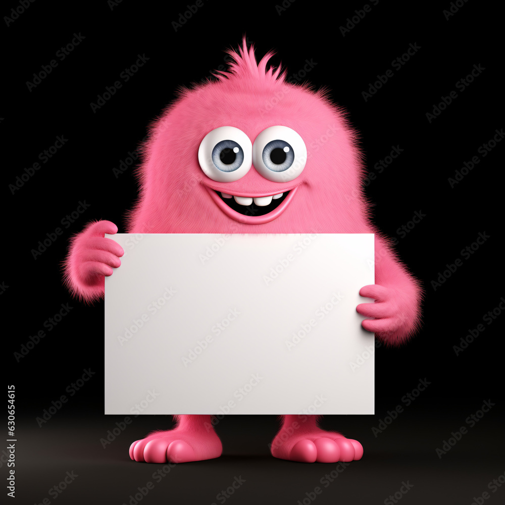 Cute blue monster holding a white blank sign isolated on dark background.