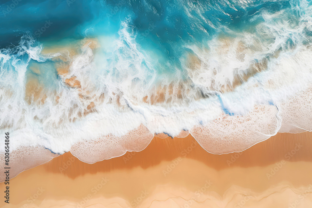 Fototapeta premium Ocean Waves On Golden Sand, Drone View. Generative AI