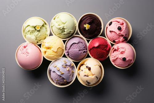Assorted Ice Cream Flavors With Toppings Top View. Generative AI photo