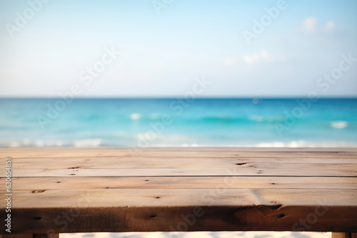 Empty Rustic Wooden Table On The Background Of Defocused Beach. Mockup With Space For Your Product. Generative AI photo