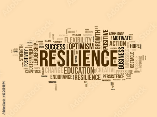 Word cloud background concept for Resilience. Education effort, positive changes and flexibility endurance, success of resilient determination. vector illustration