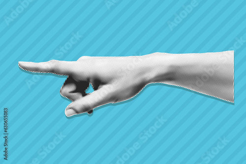 Retro pop art halftone human hand with pointing finger vector illustration. Vintage grunge punk dotted cut out pop art style collage element for mixed media, magazine, poster or infographic design
