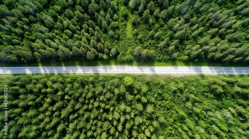 Top drone view of a road in a green forest in summer. Ai generative art