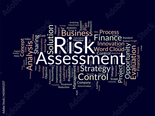 Word cloud background concept for Risk assessment. Cloud finance strategic plan for business control for loss or profit. Vector illustration.