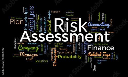 Word cloud background concept for Risk assessment. Cloud finance strategic plan for business control for loss or profit. Vector illustration.