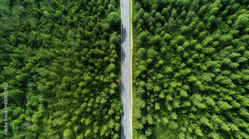 Top drone view of a road in a green forest in summer. Ai generative art