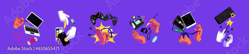 Electronic repair concept set. Hands fix broken device: smartphone, laptop, controller, tablet, camera, keyboard, cracked screen. Service for recovery damaged gadget. Flat isolated vector illustration