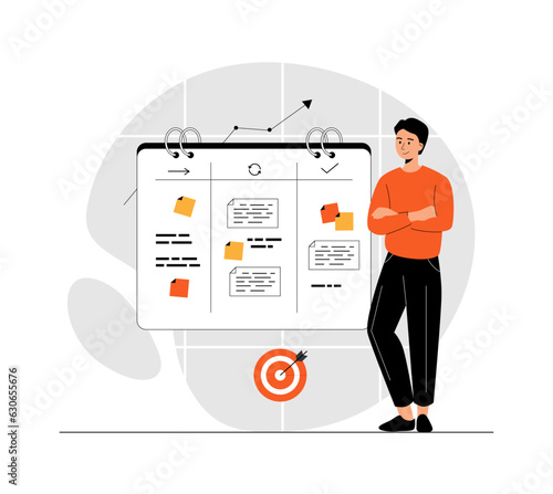 Business planning. Man planning tasks, appointment or assignment in a planner. Time organization for performance efficiency. Illustration with people scene in flat design for website or mobile develop