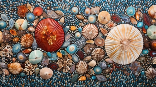 Seashells background texture close up. Closeup of beautiful colorful sea shells in different shapes, coral and starfish. AI illustration..
