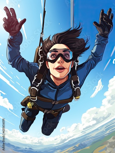 A female parachutist jumps out of an airplane and parachutes into the open sky. Created by AI.