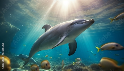 underwater world dolphin at the bottom of the ocean close up sunlight shine through water made with Generative AI © Annuitti