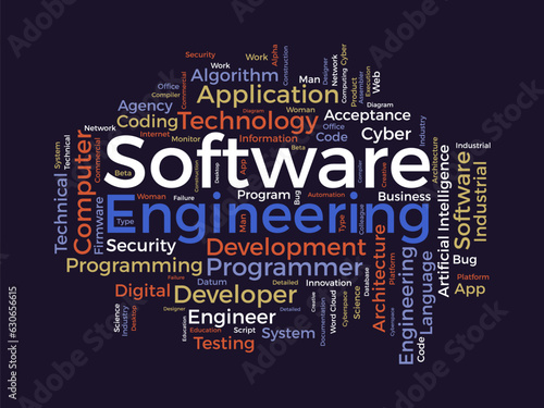 Word cloud background concept for Software engineering. computer programming system, cloud technology development of application management. vector illustration.
