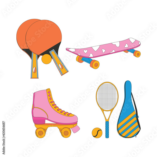 Skateboard, rollers, racket and ball for big tennis. Sport equipment. Fitness inventory.