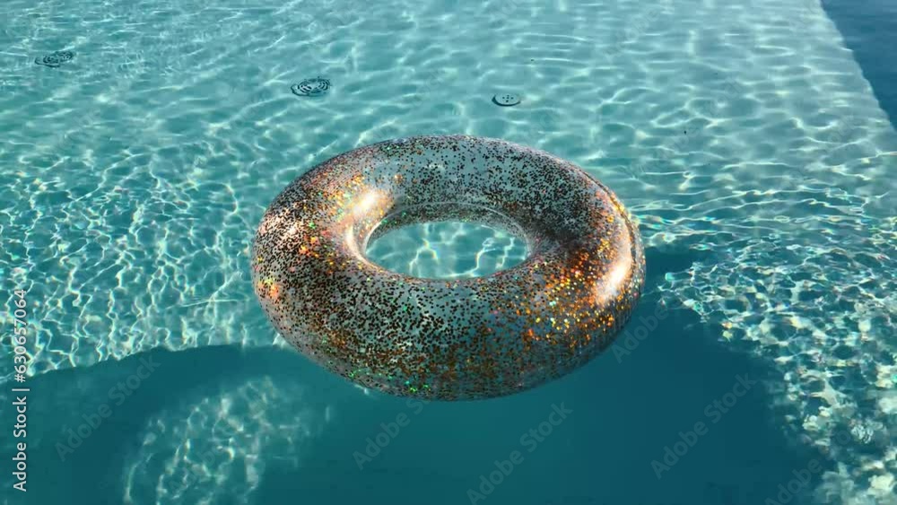 Round Floating Round inflatable floats in pool clear water. Transparent waters with ...