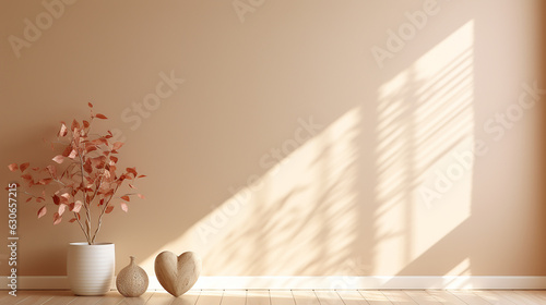 Plant Flowers in Vase Wallpaper Background Template Mental Health Healing Heart Wooden Furniture Home Interior Design Minimalistic Zen Japanese Style Living Room Lovely Warm Beige Raking Light 16:9