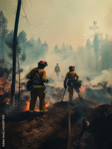 Group of firefighters standing on top of a forest, ready to battle the flames. A group of firefighters standing on top of a forest