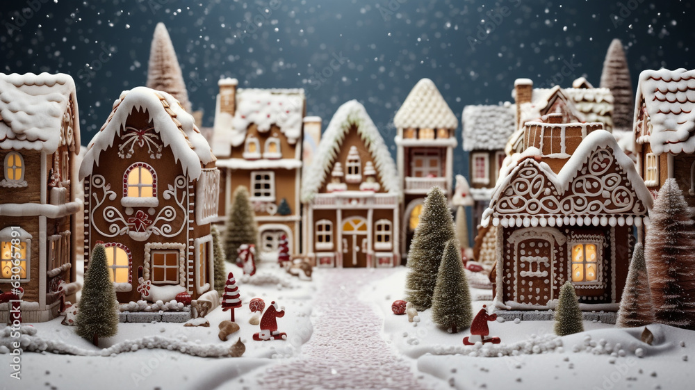 A photo of a gingerbread village nestled in a snowy winter wonderland, christmas image, photorealistic illustration