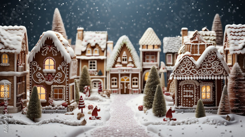 A photo of a gingerbread village nestled in a snowy winter wonderland  christmas image  photorealistic illustration