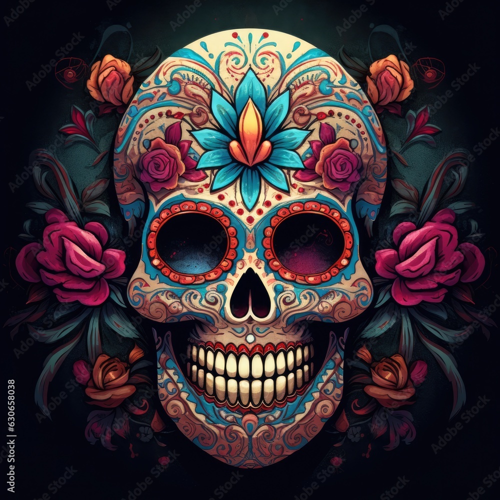 Naklejka premium colorful sugar skull decorated with intricate floral patterns on a dark background.