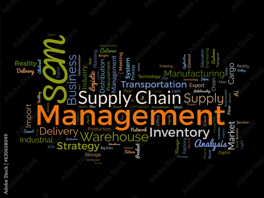 Word cloud background concept for supply chain management (SCM). inventory business, manufacturing industry system of business network. vector illustration.