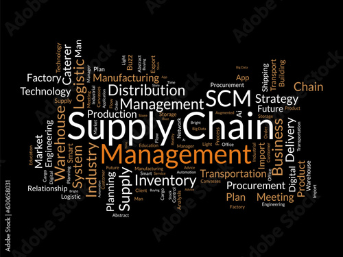 Word cloud background concept for supply chain management (SCM). inventory business, manufacturing industry system of business network. vector illustration.
