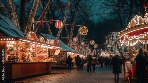 A wide shot of a christmas market at night, christmas image, photorealistic illustration