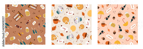 Set of cozy and hygge vector seamless hand drawn pattern with autumn doodles of seasonal clothes, food and drinks, decor. Cute wallpaper print for fabric design. Creative background with fall clipart.