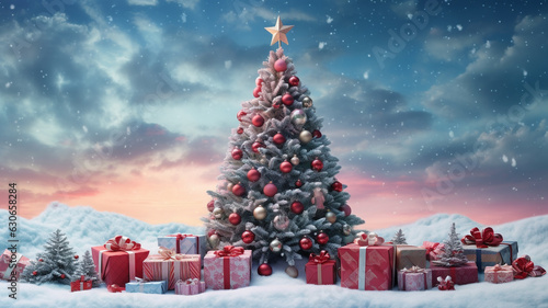 A christmas tree surrounded by gifts and snow, christmas image, 3d illustration images