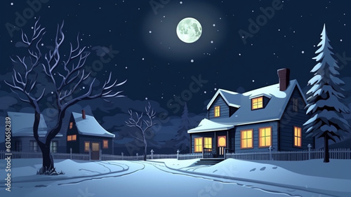 A snowy winter scene with snow trees and house on a white snowy night, christmas image, cartoon illustration art © Ingenious Buddy 