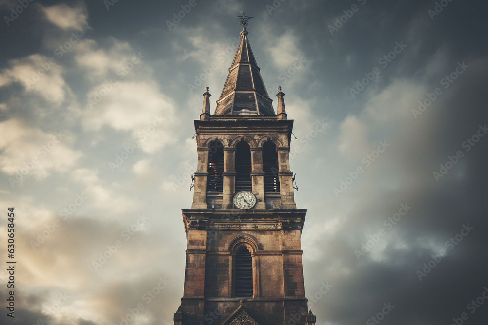 imposing photo of a church bell tower standing tall, commanding attention and contributing to the architectural beauty of the church Generative AI