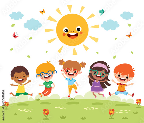 Kids Playing At Nature With Sun
