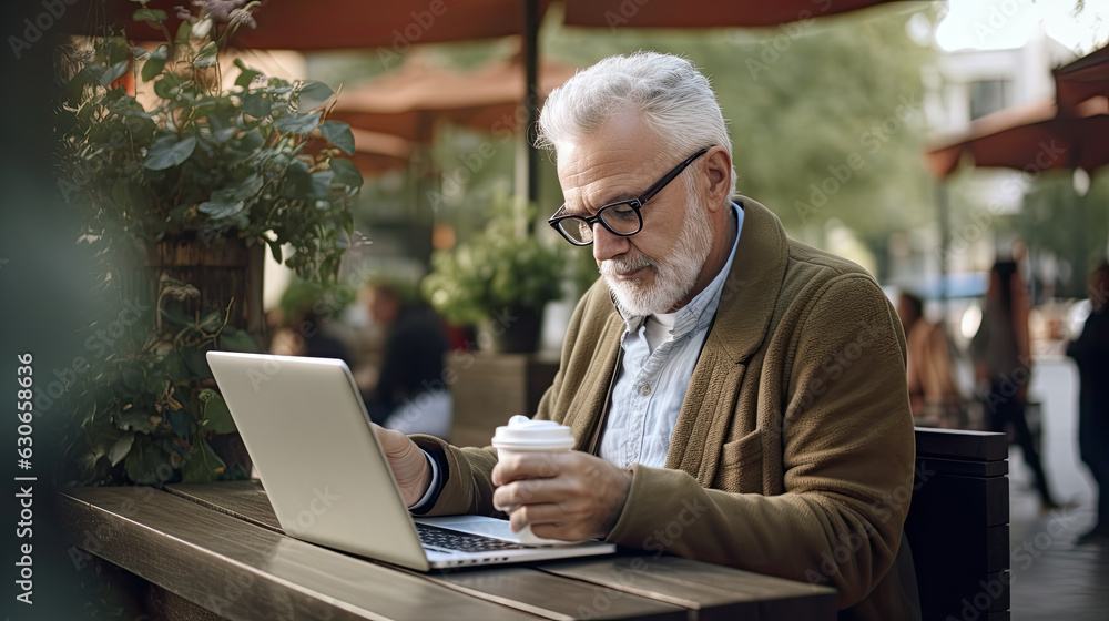 Portrait of modern senior man reading newspaper in outdoor cafe Portrait of modern senior man reading newspaper in outdoor cafe