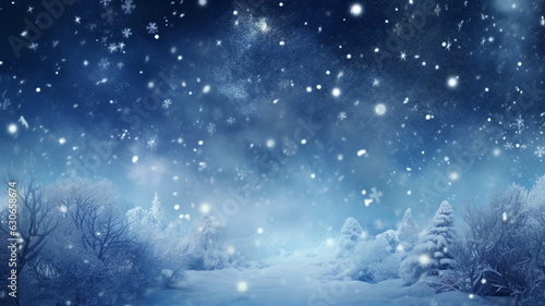 Snow falling from a blue sky on the blue background, christmas image, photorealistic illustration