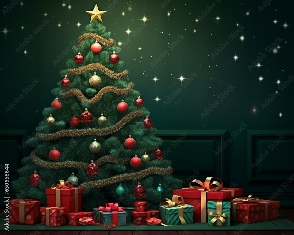 Christmas holiday background with christmas tree and presents, christmas image, cartoon illustration art