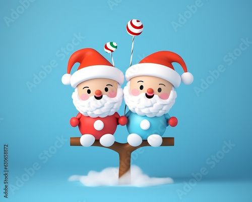 Two chibi santa claus on a twig christmas tree with gifts  christmas image  3d illustration images