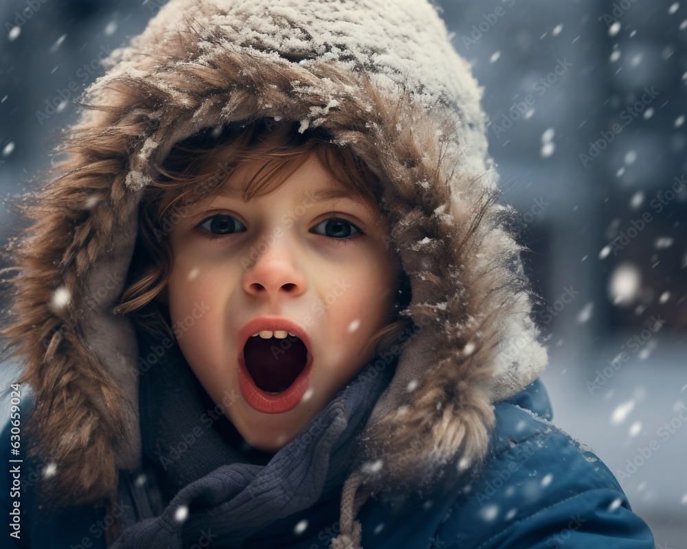 Fun child and his tongue out in the snow, christmas image, photorealistic illustration Fun child and his tongue out in the snow, christmas image, photorealistic illustration